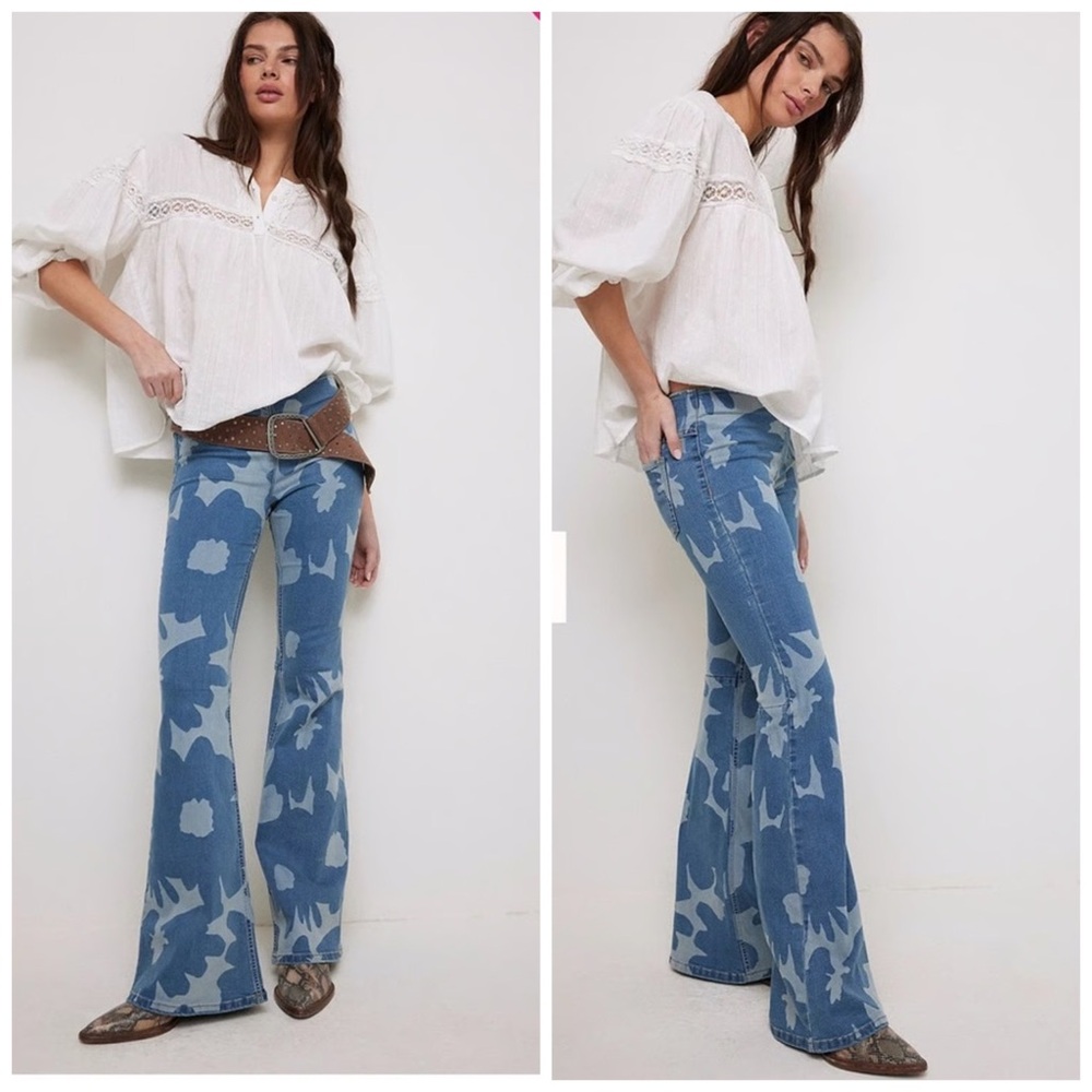 Free People Penny Pull On Mid Rise Flare Pant Indigo Combo Blue Camo‎